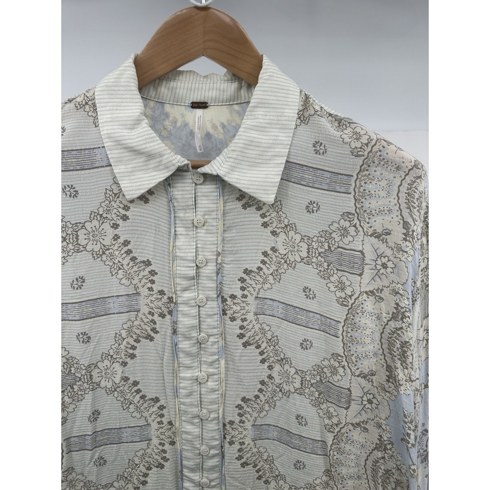 Free‎ People Virgo Baby Button Down Long Sleeve Floral Blue Stripes Boho Medium - Picture 2 of 10